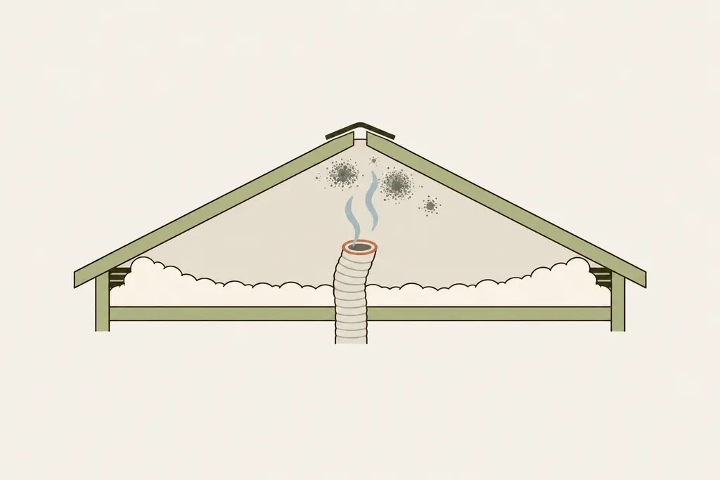 Attic cross-section with a bathroom fan duct venting humid air into the attic and insulation blocking the eave vents