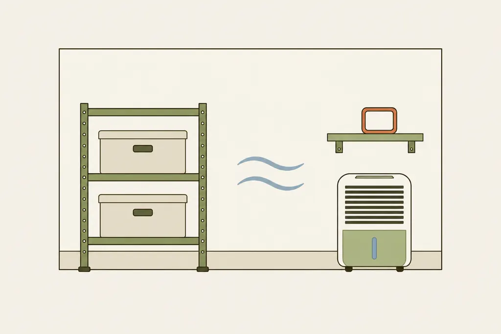 Basement corner with a hygrometer on a shelf and a portable dehumidifier on the floor
