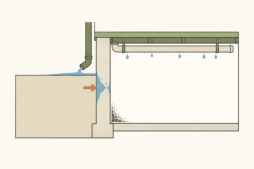 Basement cross-section showing seepage through the wall, condensation on a cold pipe and a downspout draining next to the foundation