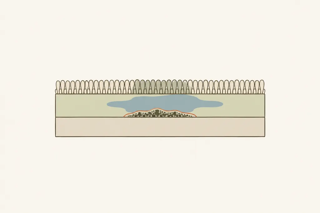 Floor cross-section showing damp carpet pad with mold on its underside and only a slightly darker patch on top