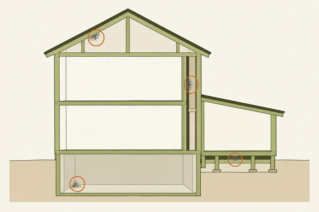 Cross-section of a house with small mold patches circled in the attic, inside a wall, in the basement and in the crawl space