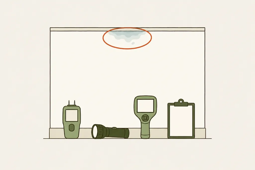Inspection tools — a moisture meter, flashlight and thermal camera — below a faint water stain on a wall