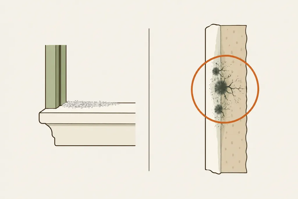Side-by-side drawing of flat powdery mildew on a window sill and fuzzy dark mold spreading into drywall